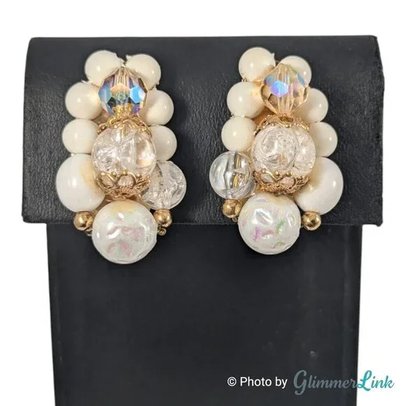 Vintage Multi Beaded Ear Climber Cluster Gold Tone Mid-Century Clip On Earrings - Picture 3 of 11